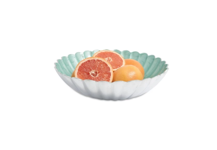 Julia Knight 15" Aqua Round Bowl Handcrafted Peony Design Ceramic Serving Bowl