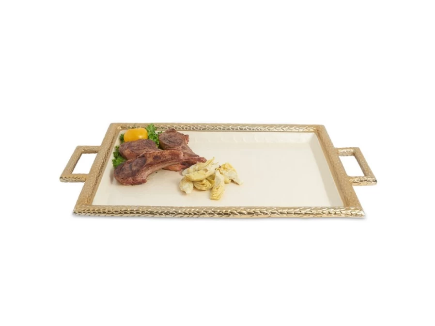 Julia Knight 23" Gold Florentine Beveled Serving Tray with Handles - Elegant Snow Design