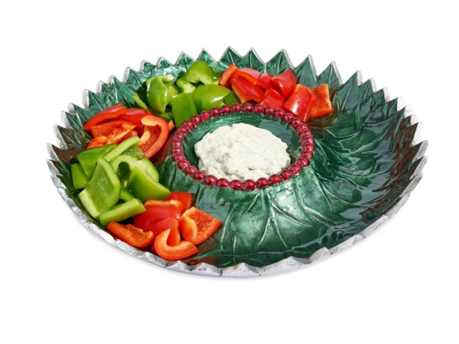 Julia Knight 13.5" Emerald Green Chip and Dip Bowl - Holly Sprig Ceramic Serving Platter for Parties
