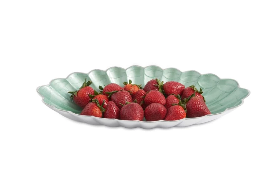 Julia Knight 16" Aqua Oval Porcelain Bowl - Handcrafted Peony Design