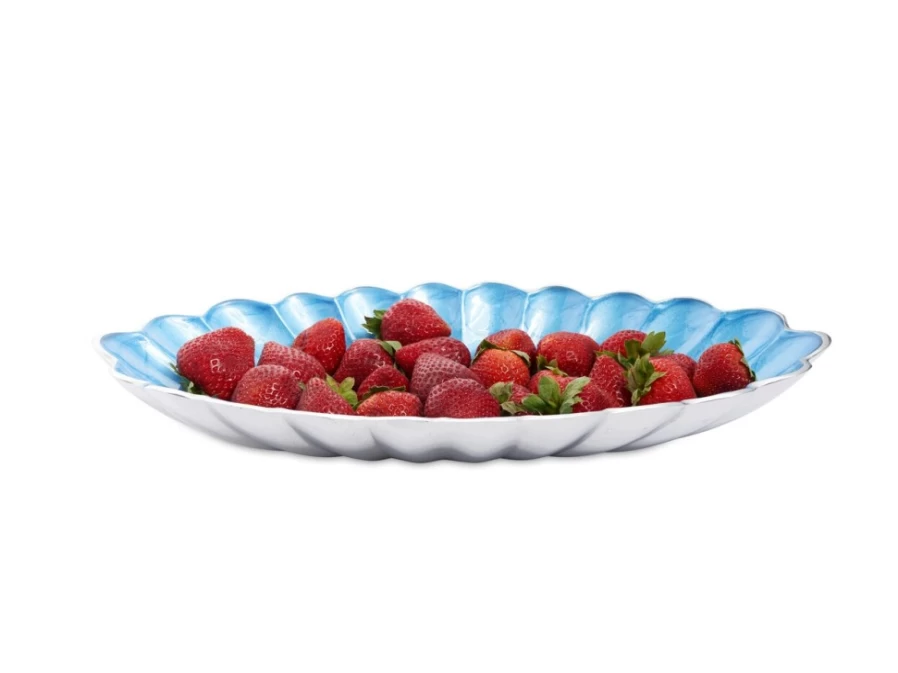 "Julia Knight 16 Inch Azure Blue Oval Ceramic Bowl Handcrafted Peony Design"