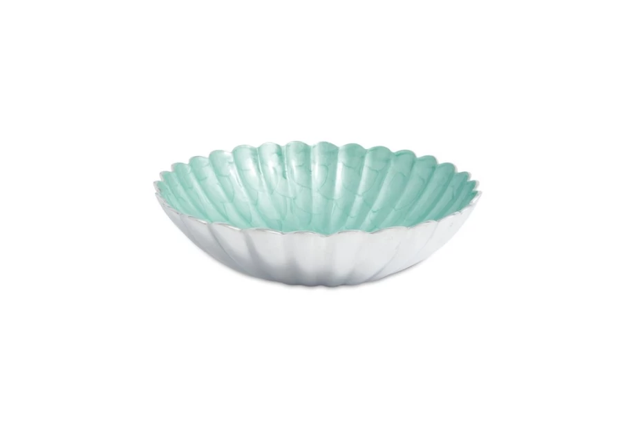 Julia Knight 15" Aqua Round Bowl Handcrafted Peony Design Ceramic Serving Bowl