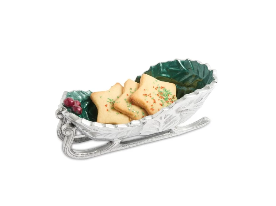 Julia Knight 8-Inch Emerald Green Sleigh Bowl - Holly Sprig Christmas Decor