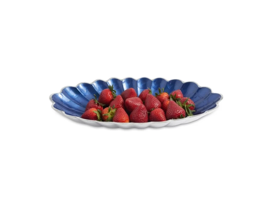 Julia Knight 16" Oval Sapphire Blue Bowl - Handcrafted Peony Design Ceramic Serving Dish