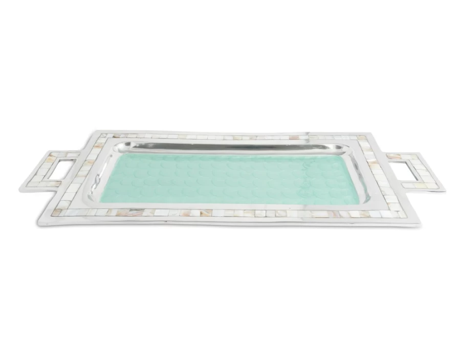 Julia Knight 25-Inch Aqua Blue Rectangular Serving Tray with Handles, Classic Design for Entertaining