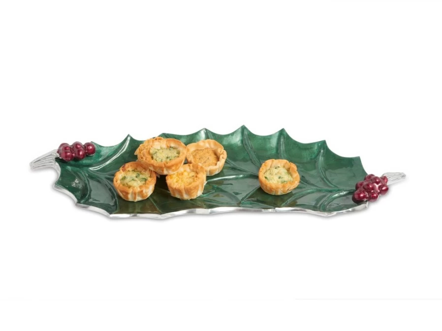 Julia Knight 16" Emerald Green Decorative Tray with Holly Sprig Design