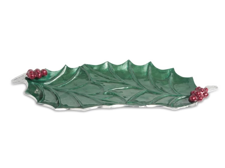 Julia Knight 16" Emerald Green Decorative Tray with Holly Sprig Design