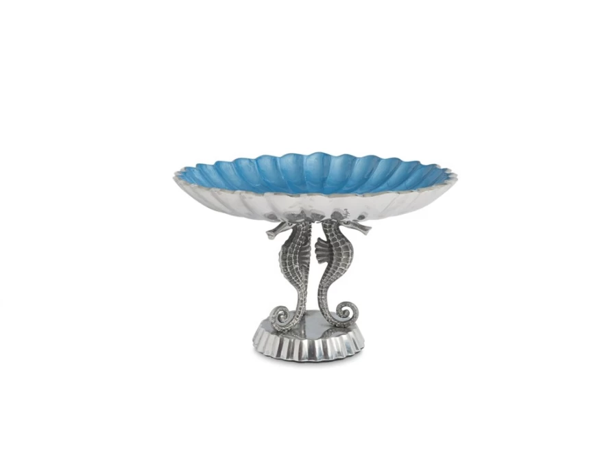 Julia Knight 10-Inch Azure Pedestal Bowl – Handcrafted Sea Horse Design Ceramic Serving Dish