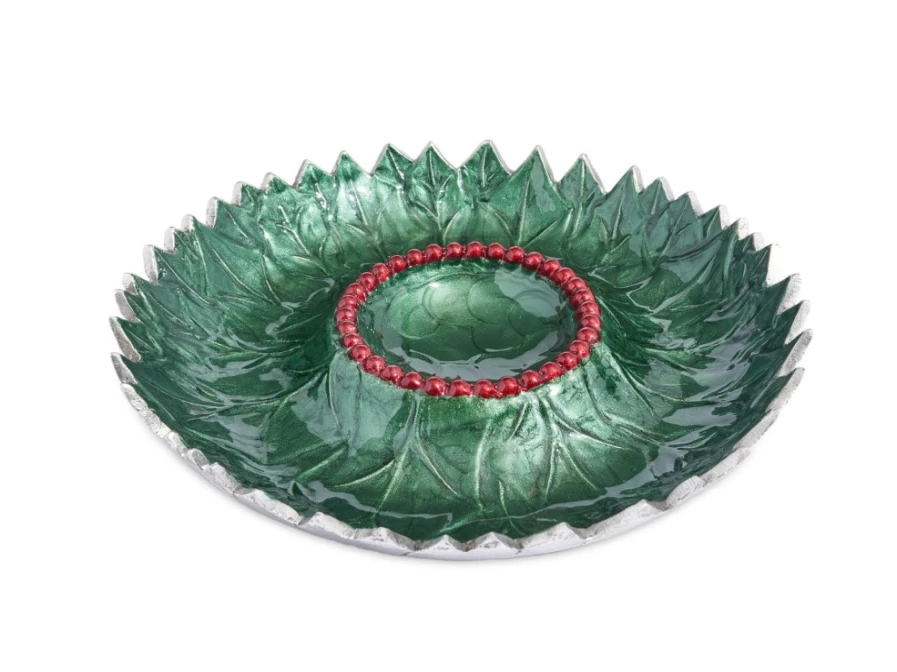Julia Knight 13.5" Emerald Green Chip and Dip Bowl - Holly Sprig Ceramic Serving Platter for Parties