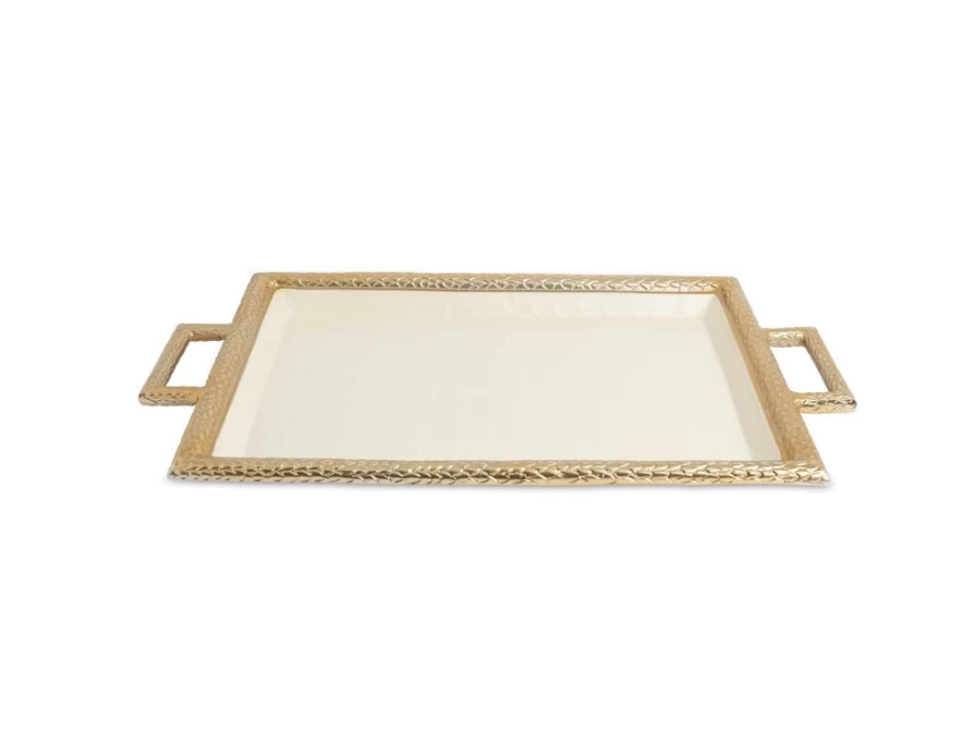 Julia Knight 23" Gold Florentine Beveled Serving Tray with Handles - Elegant Snow Design