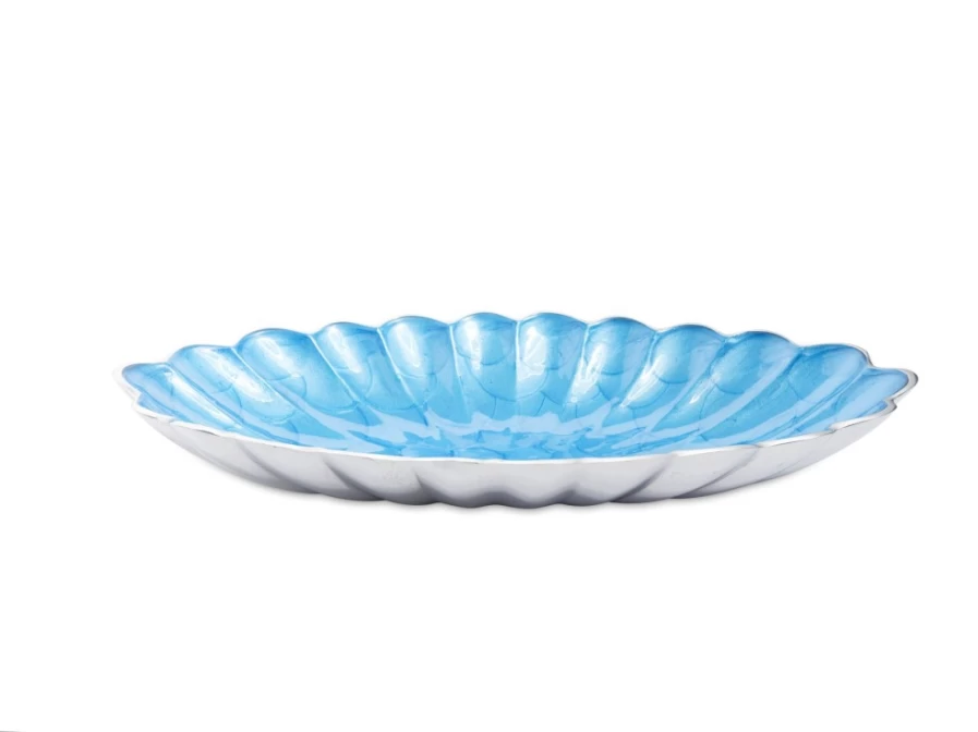 "Julia Knight 16 Inch Azure Blue Oval Ceramic Bowl Handcrafted Peony Design"