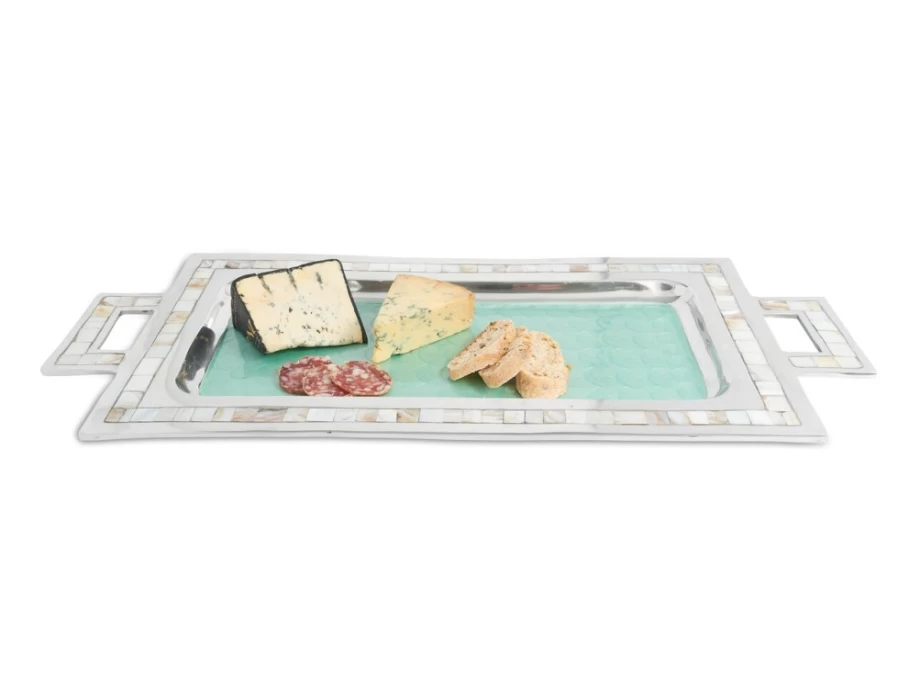 Julia Knight 25-Inch Aqua Blue Rectangular Serving Tray with Handles, Classic Design for Entertaining