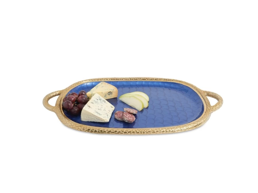 Julia Knight 22.5" Florentine Gold Sapphire Decorative Serving Tray with Handles