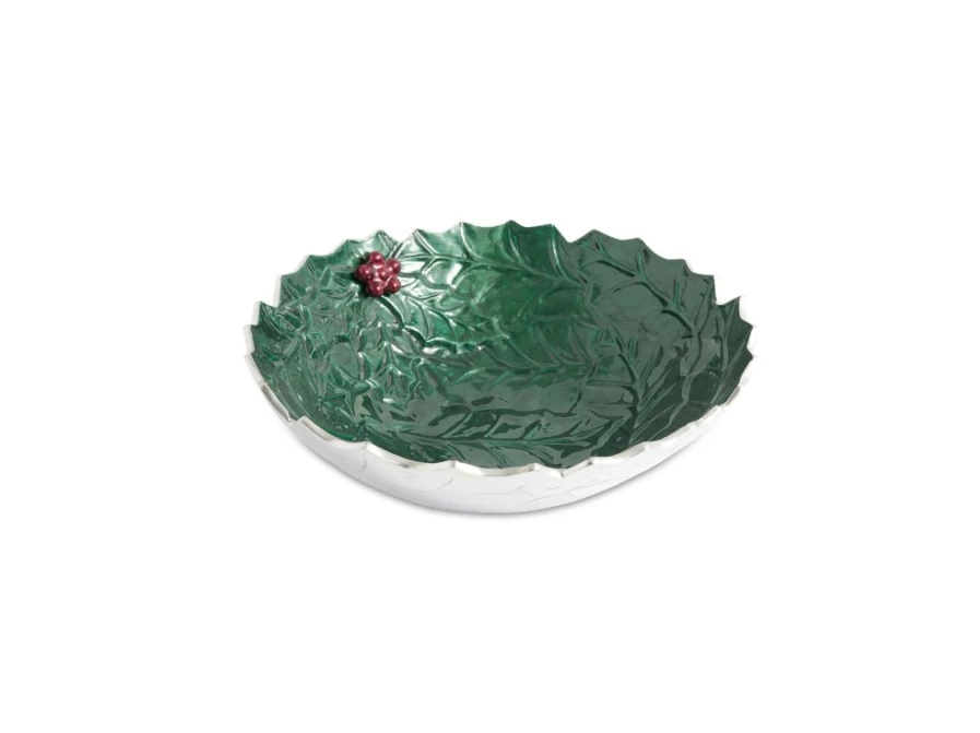 Julia Knight 12 Inch Emerald Green Decorative Bowl - Holly Sprig Design for Table Centerpiece