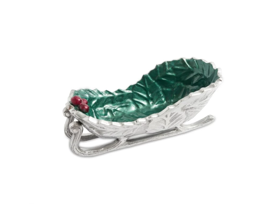 Julia Knight 8-Inch Emerald Green Sleigh Bowl - Holly Sprig Christmas Decor